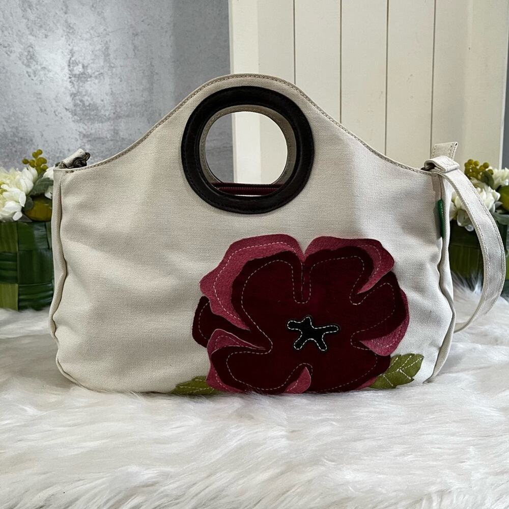 NEW Benetton Classic City Traveler Flower Crossbody Handbag Cotton Suede Leather - Picture 5 of 16